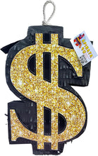 Load image into Gallery viewer, Black & Gold Money Dollar Sign Pinata, Elevate Your Las Vegas Themed Party or Casino Celebration, Catching Money Symbol Decoration