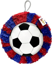 Load image into Gallery viewer, 16" Soccer Ball Pinata, Kick Off Your Soccer Party with Vibrant Red and Blue Soccer Theme Supplies, Perfect for Soccer Birthday Celebrations