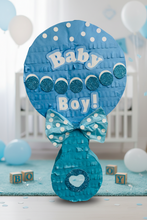 Load image into Gallery viewer, Blue Baby Boy Rattle Pinata with Bow, Its a Boy or Girl Party Decor, Baby Shower Party Favor, Gender Reveal Themed Party Supplies and Gift