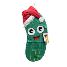 Load image into Gallery viewer, Christmas Pickle Green Pinata with Santa Hat, Christmas Party Supply & Decor, Funny Pickle Pinata with Smiley Face, Fun Holiday Party Decor