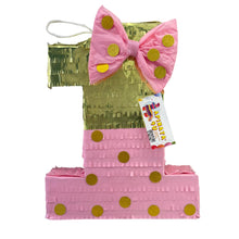 Load image into Gallery viewer, Pink and Gold Number One Pinata with Bow, Princess Theme First Birthday Supplies and Decorations, Kids Party Favor for Birthday Celebration