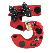 Load image into Gallery viewer, Number Five Red Pinata with Bow, Black & White Polka Dots Ladybug Themed Fifth Birthday Celebrations, Kids Party Decorations, Gift for Kids