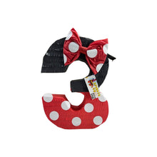 Load image into Gallery viewer, Red and Black Number Three Pinata with Bow and Polka Dotes, Disney Themed Fun Party Decor, 3rd Birthday Celebration Number 3 Pinata for Kids