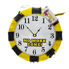 Load image into Gallery viewer, No Work Zone Clock Pinata, Clock Themed Birthday Party Decor, Black & Yellow Over the Hill Celebration, Retirement Party Supply and Fun Gift