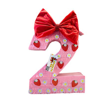 Load image into Gallery viewer, Number Two Strawberry Pinata, Pink Color with Red Bow and Flowers, Second Birthday Decor, Strawberry Party Favor, Fruit Party Themed Pinata