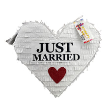 Load image into Gallery viewer, Just Married Heart Pinata, White Wedding Decorations with Red Glitter Heart, Bridal Showers and Wedding Receptions, Unique Celebration Decor