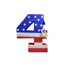 Load image into Gallery viewer, Patriotic Number Four Pinata, American Flag Themed Stars and Stripes Pinata, Kids 4th Birthday Party Decor, Fourth of July Celebration Decor