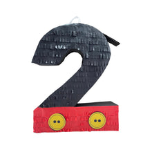 Load image into Gallery viewer, Black and Red Number Two Pinata with Yellow Buttons, Second Themed Birthday Party Decor, Anniversary Celebrations Pinata, Kids Birthday Gift