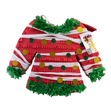 Load image into Gallery viewer, Ugly Sweater Pinata, Red and Green Color with Dots and Ribbon, End of Year Sweater Party Decor, Jersey Shaped Christmas Party Celebration