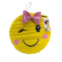 Load image into Gallery viewer, Yellow Emoji Themed Party Pinata with Pink Bow, Teens Kids Birthday Party Decor, Text Expression Face Pinata, Smiley Face Pinata for Kids