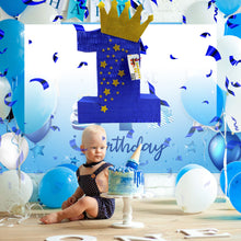 Load image into Gallery viewer, Royal Blue and Gold Crown Number One Pinata for Prince King Little Prince Theme First Birthday Party Decor, Big One Kids Party Celebration