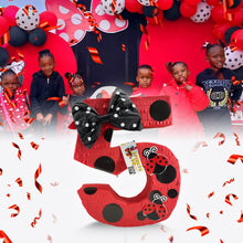 Load image into Gallery viewer, Number Five Red Pinata with Bow, Black & White Polka Dots Ladybug Themed Fifth Birthday Celebrations, Kids Party Decorations, Gift for Kids