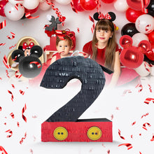 Load image into Gallery viewer, Black and Red Number Two Pinata with Yellow Buttons, Second Themed Birthday Party Decor, Anniversary Celebrations Pinata, Kids Birthday Gift
