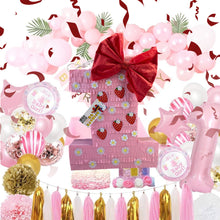 Load image into Gallery viewer, Number One Pinata, Pink Color with Red Bow & Flowers, First Birthday Party Decor, Strawberry Shortcake Party Decor, Fruit Party Theme Pinata