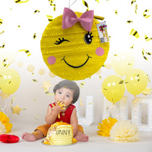 Load image into Gallery viewer, Yellow Emoji Themed Party Pinata with Pink Bow, Teens Kids Birthday Party Decor, Text Expression Face Pinata, Smiley Face Pinata for Kids