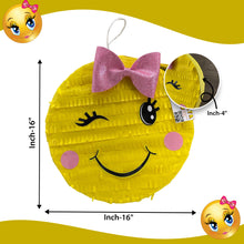 Load image into Gallery viewer, Yellow Emoji Themed Party Pinata with Pink Bow, Teens Kids Birthday Party Decor, Text Expression Face Pinata, Smiley Face Pinata for Kids