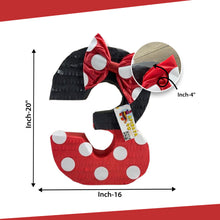 Load image into Gallery viewer, Red and Black Number Three Pinata with Bow and Polka Dotes, Disney Themed Fun Party Decor, 3rd Birthday Celebration Number 3 Pinata for Kids