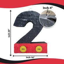 Load image into Gallery viewer, Black and Red Number Two Pinata with Yellow Buttons, Second Themed Birthday Party Decor, Anniversary Celebrations Pinata, Kids Birthday Gift