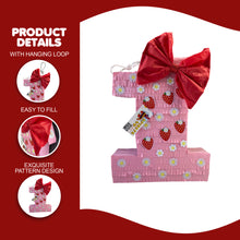 Load image into Gallery viewer, Number One Pinata, Pink Color with Red Bow & Flowers, First Birthday Party Decor, Strawberry Shortcake Party Decor, Fruit Party Theme Pinata