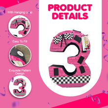 Load image into Gallery viewer, Number Four Race Car Pinata, Black Checkered Flag Pinata for 4th Birthday Party Decor, Motorsport Race Track Decor, Boys 4th Birthday Gift