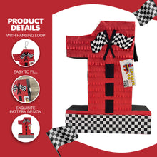 Load image into Gallery viewer, Number One Race Car Pinata, Red Checkered Flag Pinata for First Birthday, Racing Theme Party Supplies, Race Track Decor, Boys 1st Birthday