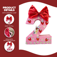 Load image into Gallery viewer, Number Two Strawberry Pinata, Pink Color with Red Bow and Flowers, Second Birthday Decor, Strawberry Party Favor, Fruit Party Themed Pinata