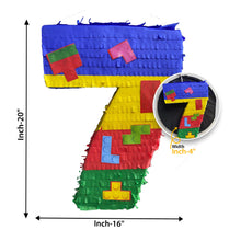 Load image into Gallery viewer, Building Block Themed Number 7 Pinata for Kids, Seven Birthday Fun Party Decor, Perfect Gift for Boys Birthday Celebrations, Ready to Ship