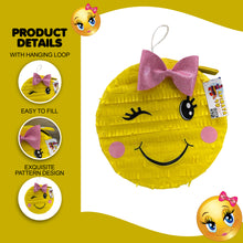 Load image into Gallery viewer, Yellow Emoji Themed Party Pinata with Pink Bow, Teens Kids Birthday Party Decor, Text Expression Face Pinata, Smiley Face Pinata for Kids