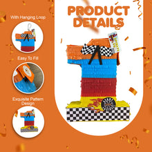 Load image into Gallery viewer, Race Car Themed Number One Pinata, Colorful, Checkered Flag Theme Pinata, Kids First Birthday Party Supplies, Race Track Birthday Decoration