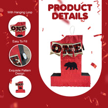 Load image into Gallery viewer, Lumberjack Number One Pinata, Plaid First Birthday Party Decor, Woodland Theme Party Pinata, Bear Print Pinata Gift for Kids & Animal Lovers