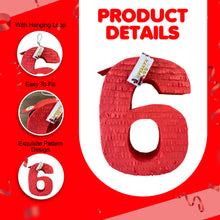 Load image into Gallery viewer, Red Number Six Pinata, Solid Color Blank Number Six Themed Fun Party Decor, Gift Birthday Kids, 6th Birthday Celebration Large Number Pinata