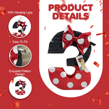 Load image into Gallery viewer, Red and Black Number Three Pinata with Bow and Polka Dotes, Disney Themed Fun Party Decor, 3rd Birthday Celebration Number 3 Pinata for Kids