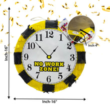 Load image into Gallery viewer, No Work Zone Clock Pinata, Clock Themed Birthday Party Decor, Black & Yellow Over the Hill Celebration, Retirement Party Supply and Fun Gift