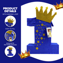 Load image into Gallery viewer, Royal Blue and Gold Crown Number One Pinata for Prince King Little Prince Theme First Birthday Party Decor, Big One Kids Party Celebration