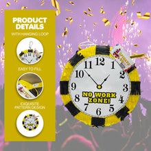 Load image into Gallery viewer, No Work Zone Clock Pinata, Clock Themed Birthday Party Decor, Black & Yellow Over the Hill Celebration, Retirement Party Supply and Fun Gift