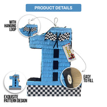 Load image into Gallery viewer, Racing Flag Themed Number One Pinata, Customizable Number Pinata, First Birthday Party Decor, Kids Birthday Party Supplies, Size 20 Inch