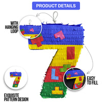 Load image into Gallery viewer, Building Block Themed Number 7 Pinata for Kids, Seven Birthday Fun Party Decor, Perfect Gift for Boys Birthday Celebrations, Ready to Ship