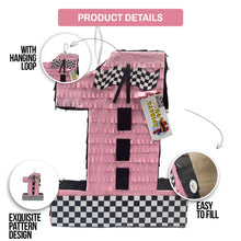 Load image into Gallery viewer, Racing Flag Themed Number One Pinata, First Birthday Party Decor, Customizable Number Pinata, Kids Birthday Party Supplies, Size 20 Inch