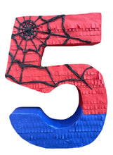 Load image into Gallery viewer, Number 5 Superhero Party Pinata – Red Blue and Black Design, 5th Birthday Decoration for Kids, Hero Theme Pinata