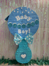 Load image into Gallery viewer, Blue Baby Boy Rattle Pinata with Bow, Its a Boy or Girl Party Decor, Baby Shower Party Favor, Gender Reveal Themed Party Supplies and Gift