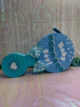 Load image into Gallery viewer, Blue Baby Boy Rattle Pinata with Bow, Its a Boy or Girl Party Decor, Baby Shower Party Favor, Gender Reveal Themed Party Supplies and Gift