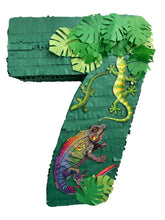 Load image into Gallery viewer, Number 7 Pinata, Handmade Number Seven Pinata for Kids 7th Birthday Party, Safari Animal Tropical Theme Decor, Lizard Reptile Party Supplies
