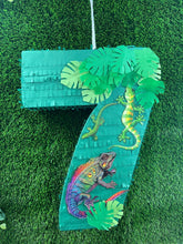 Load image into Gallery viewer, Number 7 Pinata, Handmade Number Seven Pinata for Kids 7th Birthday Party, Safari Animal Tropical Theme Decor, Lizard Reptile Party Supplies