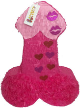 Load image into Gallery viewer, APINATA4U LLC - Penis Adult Pinata | Hot Pink with Glitter Kisses | Ideal for Bachelorette Party | Made with High Quality Cardboard | Party & Game | Size - 20"Tall | Easy to Use & Fill