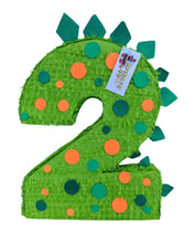 Load image into Gallery viewer, 20" Tall Number Two Pinata Second Birthday Pinata Bright Green Dinosaur Theme Dino 2nd Bday – Handmade Birthday Party De