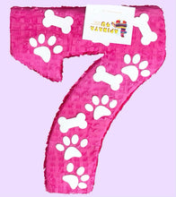 Load image into Gallery viewer, 20" Tall Number Seven Piñata Puppy Theme Birthday Photo Prop Seventh Birthday Party Decoration Paw Print