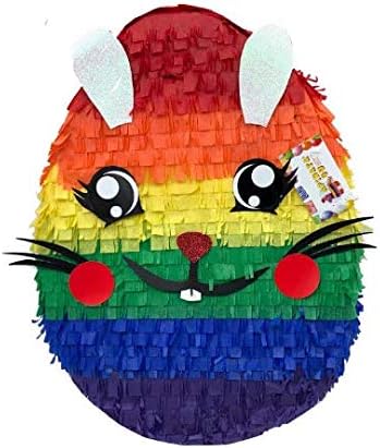 2- D Rainbow Colored Easter Egg Pinata with Bunny Accents