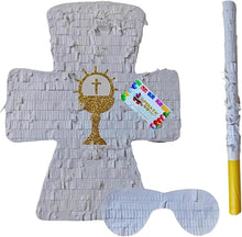 Load image into Gallery viewer, 20&quot; Tall White Cross Piñata with Gold Chalice Accents for Baptism or First Communion Easter Religious Celebration Faith
