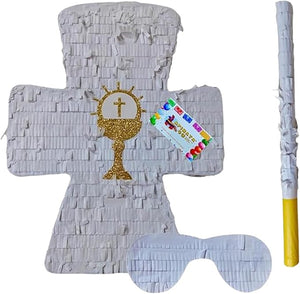 20" Tall White Cross Piñata with Gold Chalice Accents for Baptism or First Communion Easter Religious Celebration Faith