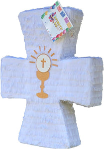 20" Tall White Cross Piñata with Gold Chalice Accents for Baptism or First Communion Easter Religious Celebration Faith